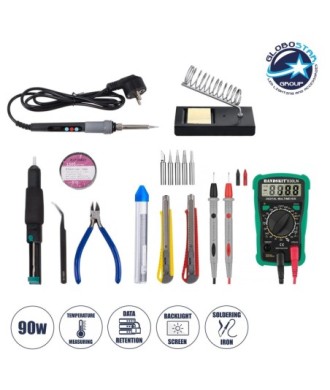 GLOBOSTAR® ELEKIT 79978 Ολοκληρωμένο DIY ΚΙΤ Εργαλείων Ηλεκτρονικού - Κολλητήρι & Βάση, Απορροφητική Τρόμπα Κόλλησης, Πλαγιοκόφτης, Τσιμπιδάκι Tweezer, Πενσέτα, Καλάι Κόλλησης, Κοπίδια, Φαλτσέτες & Ψηφιακό Πολύμετρο